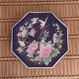 Beautiful Japanese Plate Blue W/ Floral Bird Design - Octagon Shaped Red Stamped